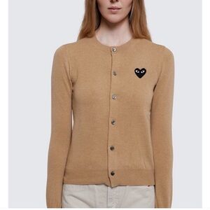 Comme des Garcons Play Tan Wool Cardigan Sweater Heart Patch
